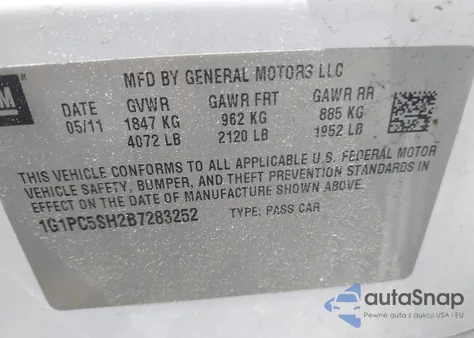 2011 Chevrolet Cruze Ls z USA, uszkodzony, nr VIN 1G1PC5SH2B7283252